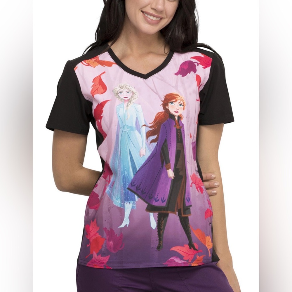 Tooniforms Disney Frozen 2 V-Neck Medical Scrub Top Elsa and Anna Sz Small